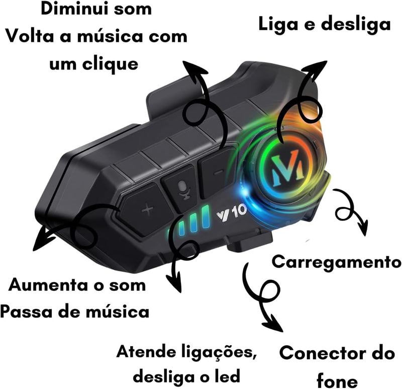 Fone De Ouvido Para Capacete Bluetooth Headset Rgb Sem Fio, Intercomunicador De capacete, Comunicador para Capacete